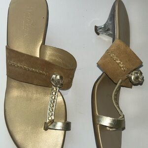 Hogan Elegant Tan & Gold Leather/ Suede Women's Thong Sandles, Size 8.5